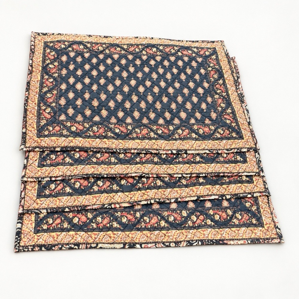 Reversible Quilted Placemats Set of 4 Black Paisley Navy Floral Table Linens